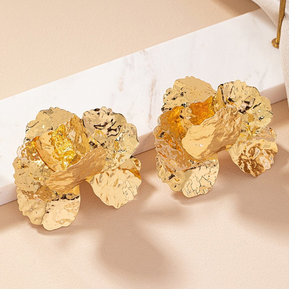 NEW Avant Garde Hammered Gold Modern Art Large Statement Earrings Pierced - Picture 3 of 5